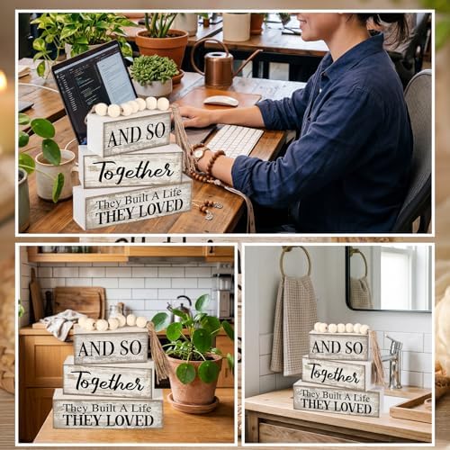 Yuntau 4 Pcs Farmhouse Table Centerpiece Wood Block Signs Tiered Tray Decor - Image 6