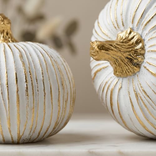 Fall Pumpkin Decor, White & Gold Resin Pumpkins Decorative Pumpkin - Image 3