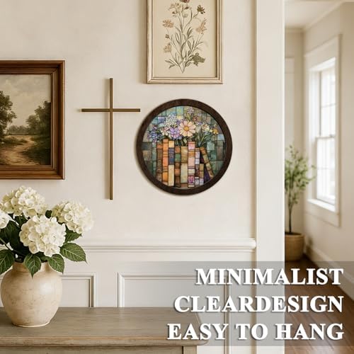 CFFJLHN Vintage Floral Book Wall Art Decor, Book Lovers Gifts, Light Academia Flower Bookish Round Hanging Wall Decor for Reading Corner Nook Room Home Library Bedroom, 10x10 Inch - Image 5