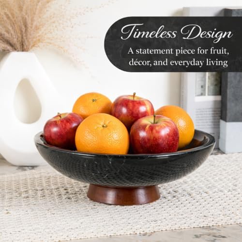 Decorative Marble Bowl Black - Removable Acacia Wood Pedestal - 10" - Image 5
