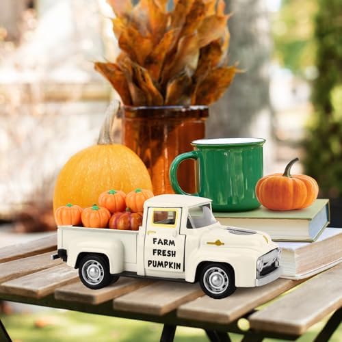 Thanksgiving Fall Tiered Tray Decor Vintage Metal Truck Fall Pumpkin Truck with Mini Fake Pumpkins White Autumn Harvest Gifts for Farmhouse Shelf Coffee Table Home Kitchen Table Decorations - Image 4