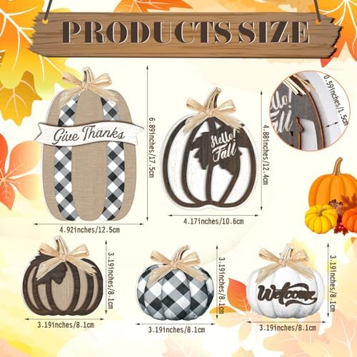 5 Pcs Hello Fall Pumpkin Home Decor Plaid Pumpkin Wooden Table Centerpiece - Image 3