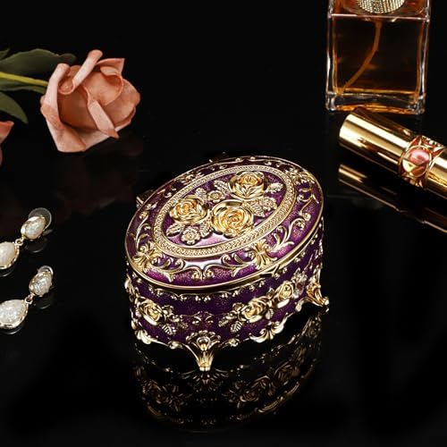 Hipiwe Vintage Oval Jewelry Storage Box Metal Trinket Organizer Purple - Image 7