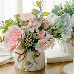 TKAS Fake Flowers Arrangement in Ceramic Vase, Artificial Faux Silk Roses & Hydrangea, Small Realistic Dried-Style Floral Dining Table Centerpiece for Wedding Party Home Decoration (Pink) - Image 2