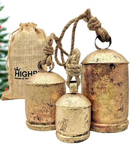 HIGHBIX Set of 3 Giant Harmony Cow Bells Huge Vintage Handmade Rustic Lucky Christmas Hanging XL Bells On Rope (Country Rustic, Large) by HIGHBIX