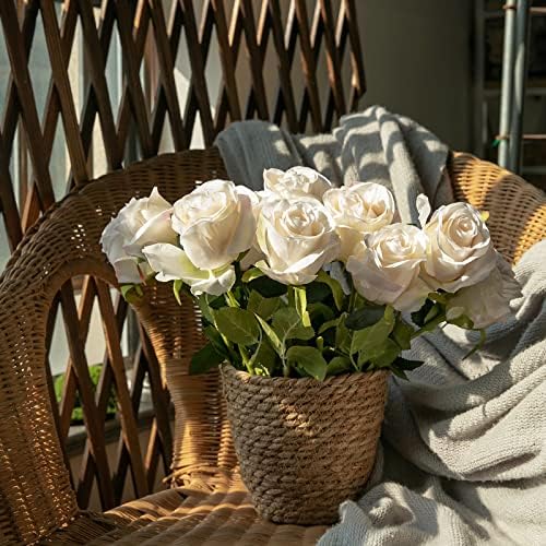 10pcs Vintage Ivory Roses Artificial Flowers, Realistic Faux Rose with Stem - Image 2