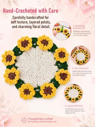 Crochet Flower Bouquet Coasters, Cotton Sunflower Gifts for Home Decor - Image 4