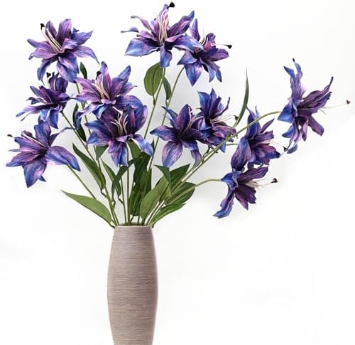 Artificial Lily Flowers, Fake Silk Flower Long Stem Artificial Stargazer Lilies with Full Bloom Faux Tiger Bouquets for Home Decor Wedding Party Hotel Floral Arrangement DIY Decoration – Purple 4 Pack - Image 2
