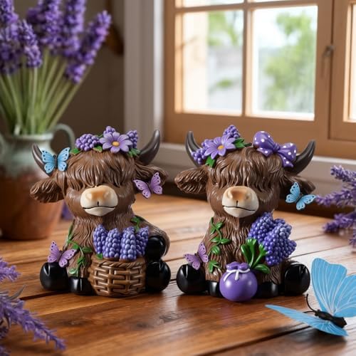 Wesiti 2 Pcs Lavender Highland Cow Figurines, Purple Resin Tiered Tray - Image 2