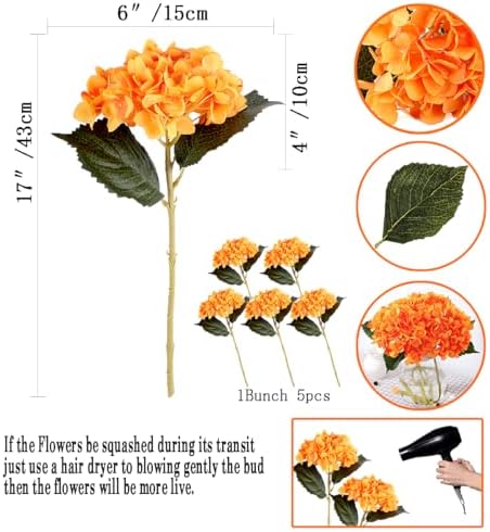 6Pcs 18" Orange Silk Hydrangea Artificial Flowers - Image 2