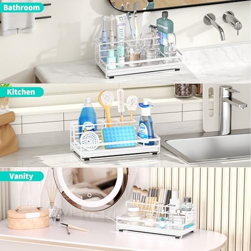 HapiRm Toothbrush Holders for Bathroom - 5 Partitions Bathroom Counter Organizer with Instant Drying Stone, Stainless Steel Countertop Storage Electric Toothbrush Toothpaste Holder - White - Image 6