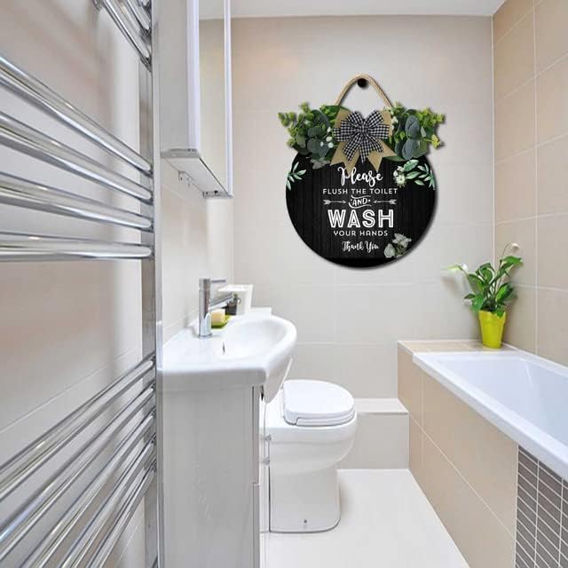 Bathroom Decor,Please Flush The Toilet and Wash Your Hands Thank You Sign,Rustic Round Wooden Wreath Sign,Bath Toilet Decoration for All The Seasons - Image 3