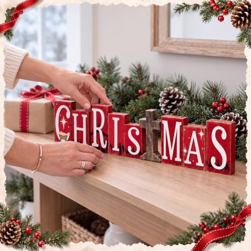 Threehoney 9 Pcs Nativity Christmas Wood Block, Rustic Christmas Sign Decor - Image 5