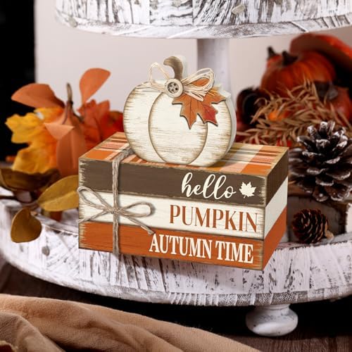 Geelin 4 Pcs Fall Tiered Tray Decorations Thanksgiving Wooden Pumpkin and Maple Leaf Book Stack Signs, Autumn Vintage Table Decoration for Home Office Table Shelf Centerpiece Farmhouse Decorations - Image 5
