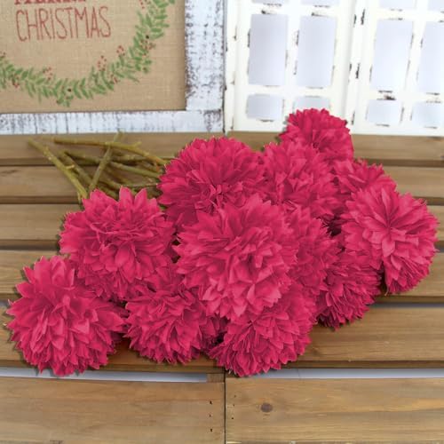 Tinsow 12Pcs Artificial Chrysanthemum Flowers Faux Bright Red Ball Flowers Burgundy Fall for Christmas Autumn Farmhouse Home Decoration (12,Bright Red) - Image 7