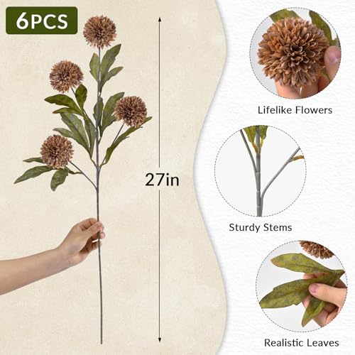 Waipfaru 6 Pcs Artificial Pompon Mums Faux Flowers for Vase, 27" Bulk Long Floral Fake Chrysanth Branches with Stems Vase Filler for DIY Bouquet Centerpieces, Indoor Home Decorations, No vase, Brown - Image 2