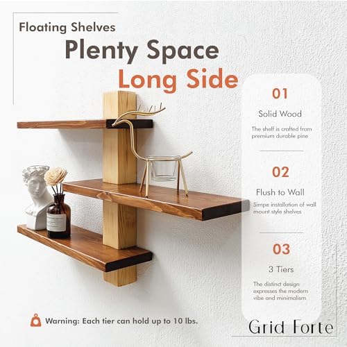 GRID FORTE Wood 3-Tier Floating Shelf, Large Minimalist Wall Shelves - Image 5