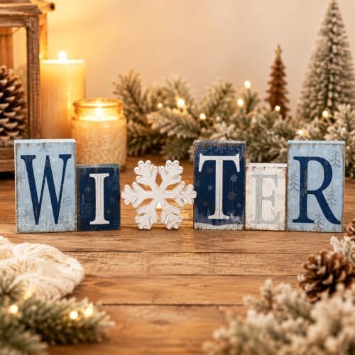 Threehoney 6 Piece Winter Wood Block Decor, Blue and White Winter Letter Sign with Snowflake, Rustic Wooden Tabletop Decorations for Shelf Mantel Tiered Tray Home Decor by Threehoney