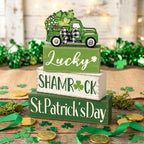 Marsui 4 Pcs St Patrick's Day Table Decorations Green Shamrocks Wooden Signs Block Farmhouse Irish Tiered Tray Decor Rustic St. Patrick's Day Table Centerpieces for Home Office Desk Shelf Mantel Decor - Image 6