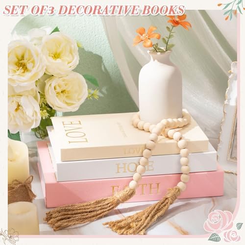 3 Set Linen Decorative Books with Beaded Garland, Classic, Light Pink - Image 2