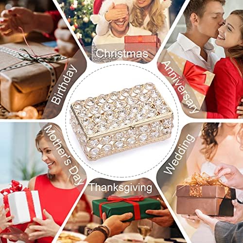 ELLDOO Crystal Jewelry Box Rectangle Trinket Organizer Earrings Rings Box Treasure Box Home Decor Accent Decorative Box with Lid for Valentine Wedding Christmas Birthday Gift, Gold, Small - Image 7