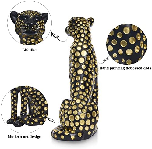 Quoowiit Leopard Sculptures for Home Decor, Modern Sculptures Decorations for Living Room, Bedroom, Table, Bookshelf, Black Resin Leopard Art Decorative Sculpture with Gold Polka Dots Design-Black - Image 6