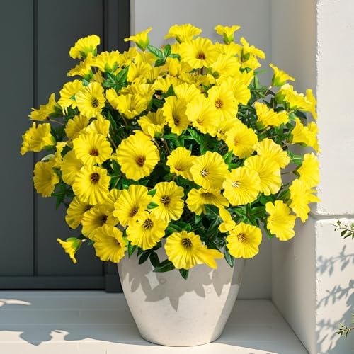 Yellow Artificial Morning Glory Flowers for Outdoor Planters, Premium UV Resistant Silk Faux Flowers for Porch, Hanging Basket & Window Box, Spring Garden Decor, No Pot, 13.3 Inch, 8 Bundles - Image 3