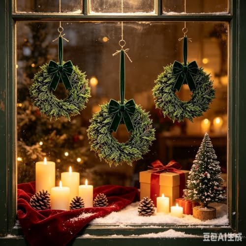 4 Pcs Small Christmas Hanging Wreaths with Artificial Cedar Pine Greenery Dark Green Velvet Ribbon Mini Cabinet Wreath for Porch Front Door Window Wall Farmhouse Rustic Christmas Winter Holiday Decor - Image 2