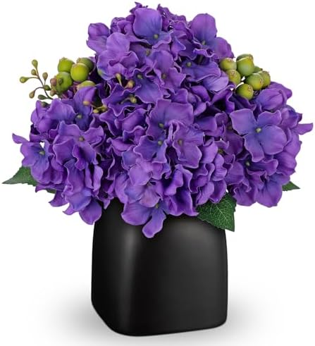 Briful Faux Purple Hydrangea Arrangement, Matte Black Vase Centerpiece by Briful