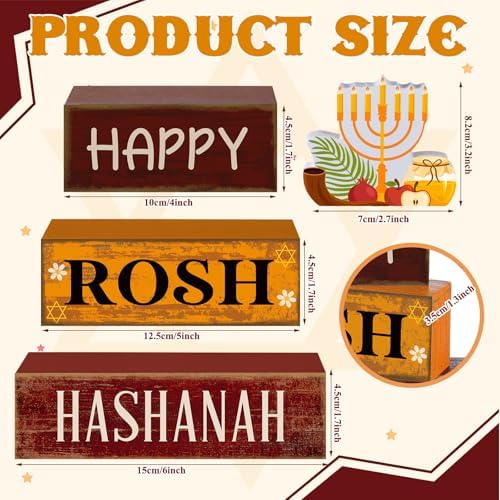 Yuntau 4 Pcs Rosh Hashanah Table Decor Wood Sign Jewish Tiered Tray Decor - Image 3