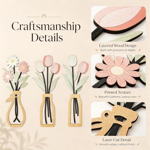 puthiac Wooden Floral Vase Wall Art Decor Set of 3, Spring Tulip & Daisy - Image 3
