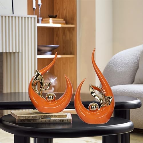 2 PCS Orange Gold Home Decor Accent Ceramic Statue Abstract Sculptures Centerpieces Mid Century Modern Decor for Tables Coffee Table top Decorations for Living Room Desktop Shelf Dining Room Kitchen by Dlfghos