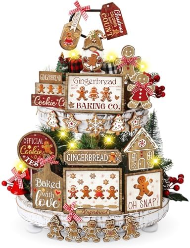 Shellwei 24 Pcs Christmas Tiered Tray Decor, Gingerbread Wooden Table Sign by Shellwei