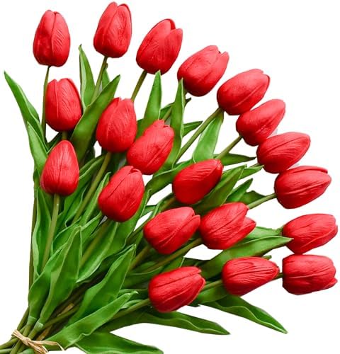 ONLY ART Artificial Red Tulips 20 Pcs – 13.5 Inch PU Faux Flowers with Bendable Stems for Home Décor, Wedding Centerpieces, DIY Floral Arrangements, New Year and Valentine's Day by ONLYART