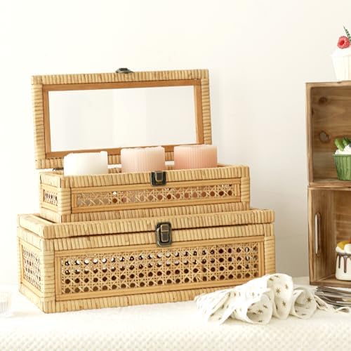 DECOR4SEASON Rattan and Cane Stacking Boxes with Glass Top Lid - Set of 2 for Boho, and Rustic Farmhouse Decor - Image 4