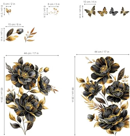 decalmile Black Gold Flower Peony Floral Leaves Sofa Wall Decals Stickers - Image 4