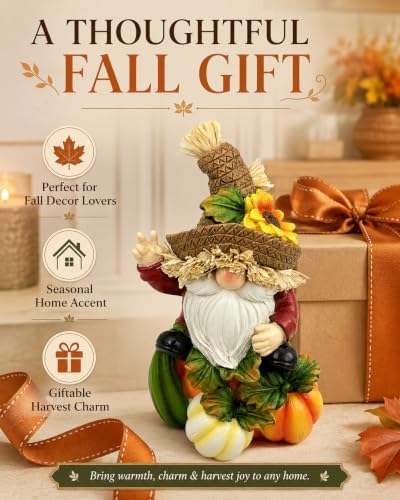 SHEHIM Fall Decor Handmade Resin Scarecrow Gnome Figurine with Pumpkins 7'' - Image 6