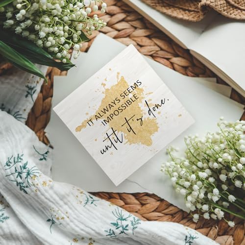 Office Gold Wooden Box Sign Desk Inspiring Quotes It Always Seems Impossible Until It's Done Office Motivational Decorative Signs for Office, Inspirational Home Shelf Desk Decor 5x5 Inch - Image 2