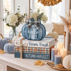 Geelin 4 Pcs Blue and White Pumpkin Fall Decor, Vintage Fall Table Decor with Wooden Book Stack and Plaid Accents, Farmhouse Decorations for Tiered Tray Shelf Coffee Bar - Image 6