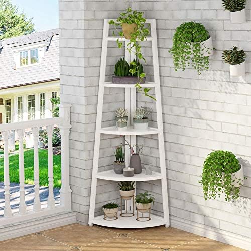 Tribesigns 70 inch Tall Corner Shelf, 5 Tier Modern Corner Bookshelf Bookcase Industrial Corner Ladder Shelf Plant Stand for Living Room, Kitchen, Home Office (White) - Image 6