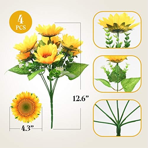 Mocoosy 4 Bunches Artificial Sunflower Bouquets, Fake Sunflowers with Stems, Silk Wildflowers Realistic Yellow Faux Sun Flowers for Wedding Decorations Fall Floral Arrangements Home Garden Table Decor - Image 2