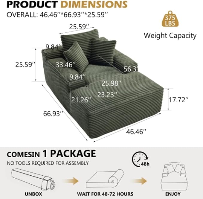 Oversized Boneless Chaise Sofa Bed, Corduroy Chaise Lounge Chair Indoor - Image 2
