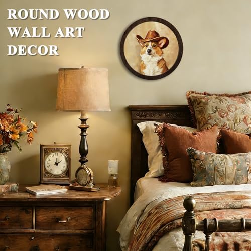 CFFJLHN Western Corgi Wall Art Decor Western Corgi Lovers Gifts Framed Round Wooden Wall Art, Vintage Corgi with Cowboy Hat Wall Decor for Home Bedroom, Living Room, Office, Bathroom, 10x10 Inch - Image 2