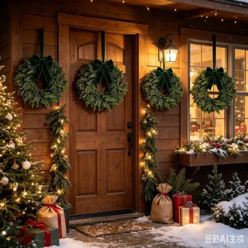4 Pcs Small Christmas Hanging Wreaths with Artificial Cedar Pine Greenery Dark Green Velvet Ribbon Mini Cabinet Wreath for Porch Front Door Window Wall Farmhouse Rustic Christmas Winter Holiday Decor - Image 7