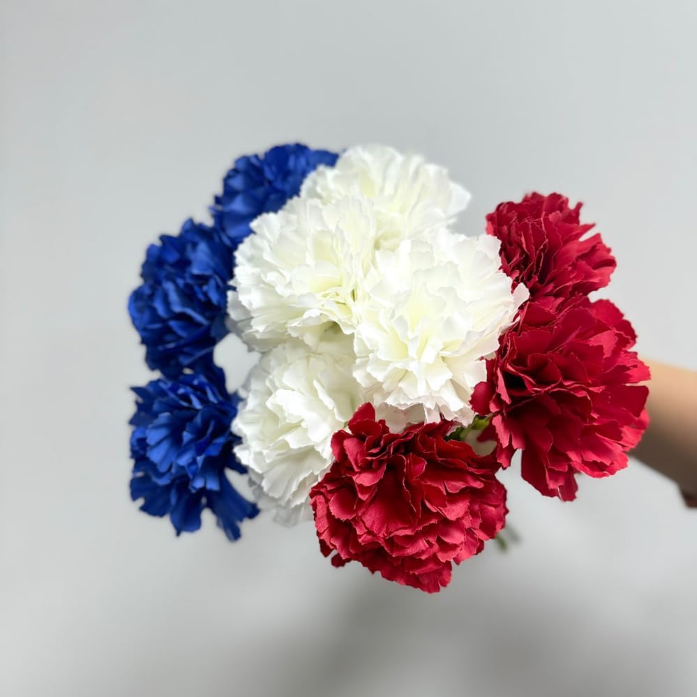 10 Stem Fake Carnation Flowers Stem,Realistic Silk Petals Red White Blue - Image 5