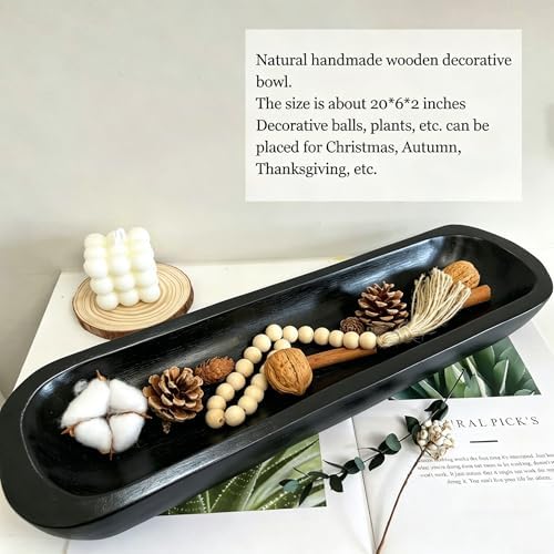 Wooden Dough Bowls Decorative，Rustic Bread Long Bowls Decor Wood Tray, Hand Carved For Table Centerpiece Decor, Home Decor (20 * 6 * 2 inch Black) - Image 4