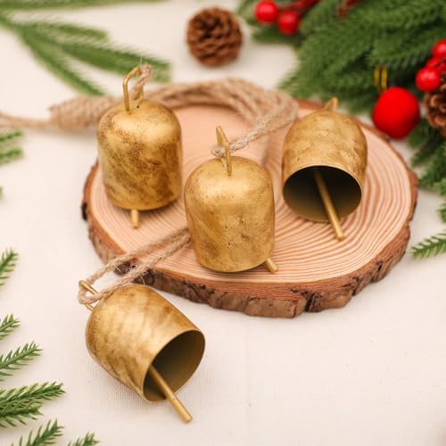 Hananona 2 Pcs Gold Vintage Bells with Hanging Rope, Decorative Metal Cow Bells for Weddings, Parties, and Christmas DIY Wreaths, Home Decor (2) - Image 4