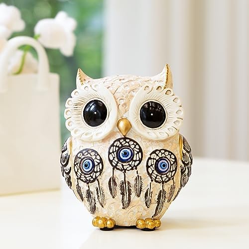 TOHLUCS Owl Statue Home Decor Accents with Evil Eye.White Decor for Bookshelf, Bedroom, Living Room, Office, Table and Shelf. Vintage Owl Figurines Gifts for Birds Lover.Cute Small Animal Sculptures. by Thecreationofstatues