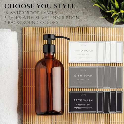 Glass Soap Dispenser Set of 2 (Amber) with Silicone Tray | Hand and Dish Soap Dispenser for Kitchen and Bathroom | 16.8 Oz Glass Bottles with Stainless Steel Pump & 15 Waterproof Labels (Amber/Black) - Image 5