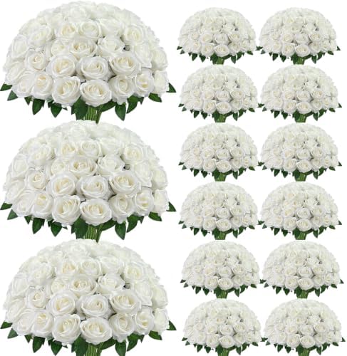 200Pcs White Roses Artificial Flowers, Realistic Silk Fake Roses Bouquet by Yastouay